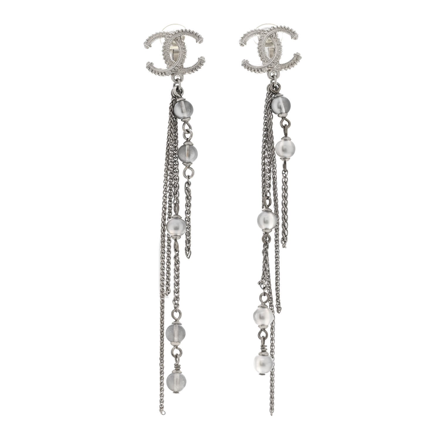 Chanel Metal Chain Pearl CC Drop Clip On Earrings Silver 1 of 4