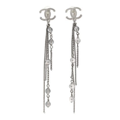 Chanel Metal Chain Pearl CC Drop Clip On Earrings Silver 1 of 4