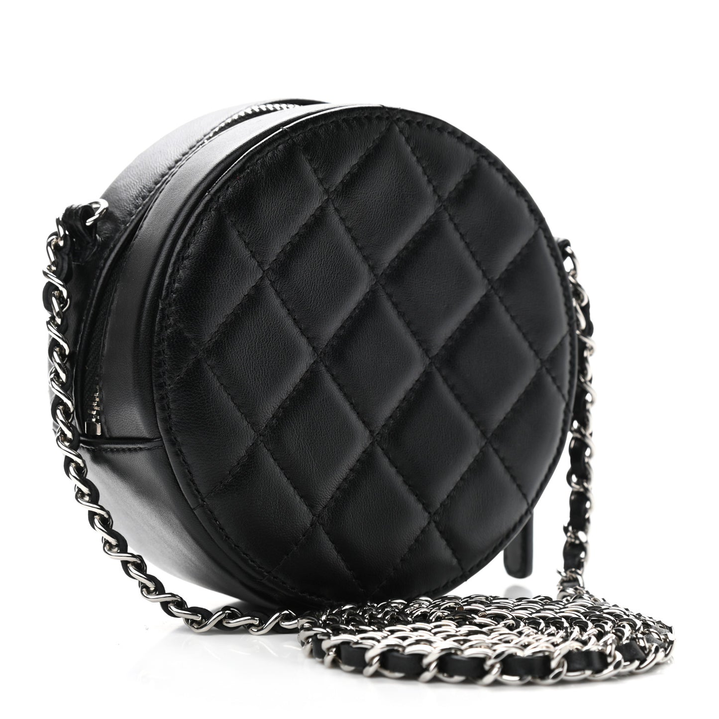 Lambskin Quilted Round Clutch With Chain Black