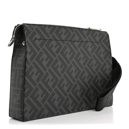 Fendi Shiny Glazed Fabric Vitello Cover FF 1974 Logo Clutch Black 3 of 13