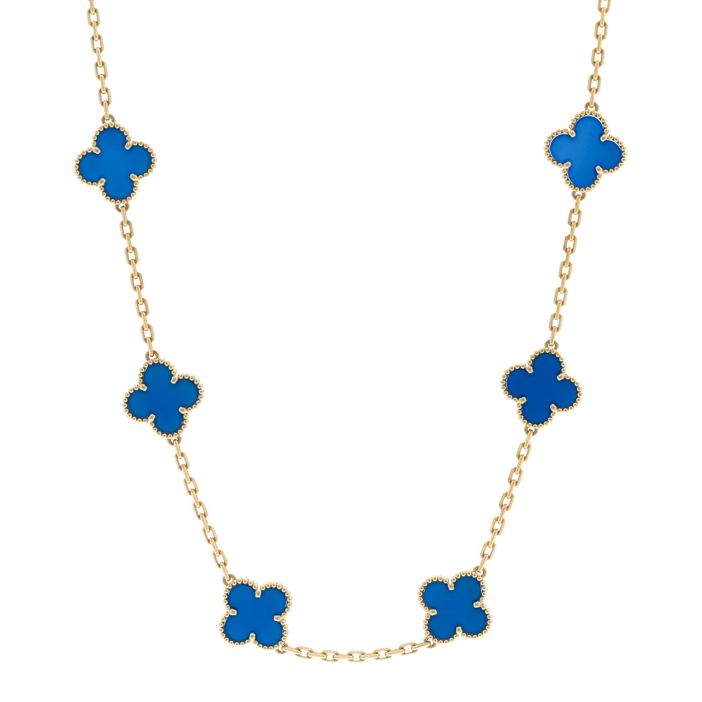 18K Yellow Gold Blue Agate 10 Motifs Vintage Alhambra Necklace
