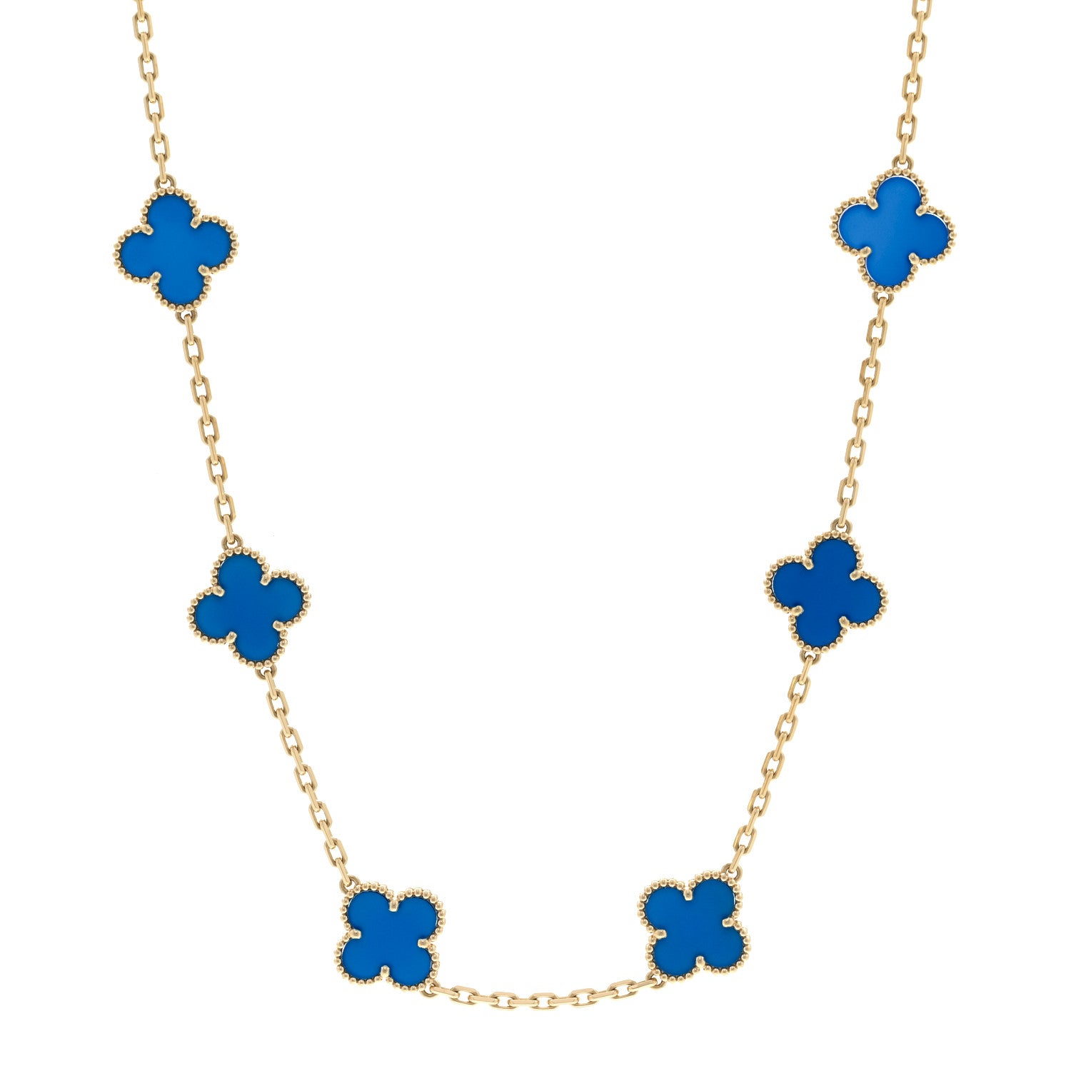 Van Cleef & Arpels 18K Yellow Gold Blue Agate 10 Motifs Vintage Alhambra Necklace 1 of 5