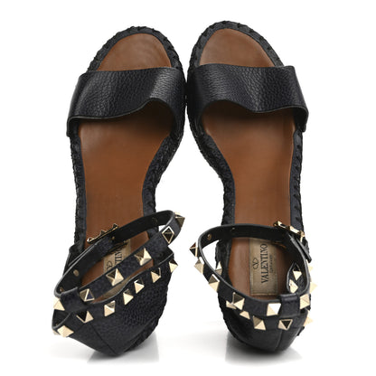 Valentino Garavani Grained Calfskin Rockstud Ankle Strap Espadrille 15/105mm Wedge Sandals 41 Black 2 of 14