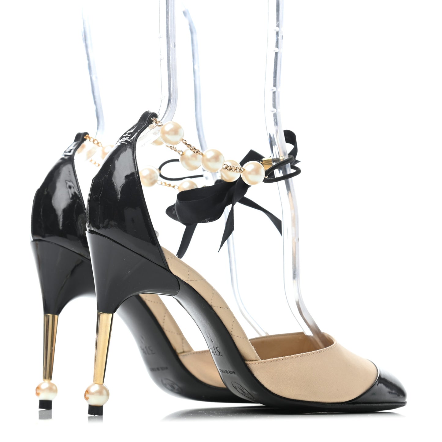 Patent Lambskin Pearl Cap Toe Sandals 37.5 Black Beige