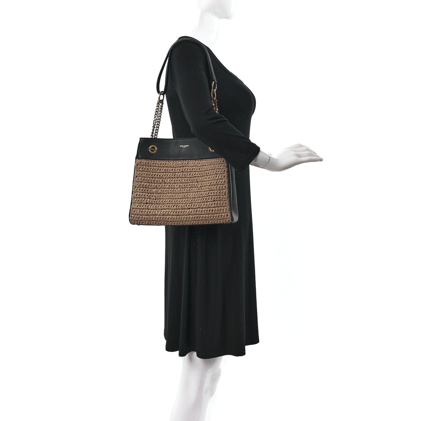 Raffia Calfskin Claude Shopping Tote Naturel Dark Chocolate