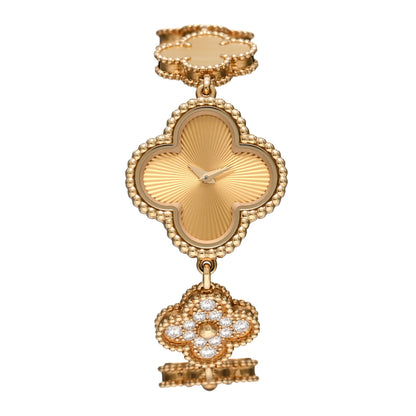 Van Cleef & Arpels 18K Yellow Gold Diamond Mother of Pearl 23mm Alhambra Guilloche Quartz Watch 1 of 4