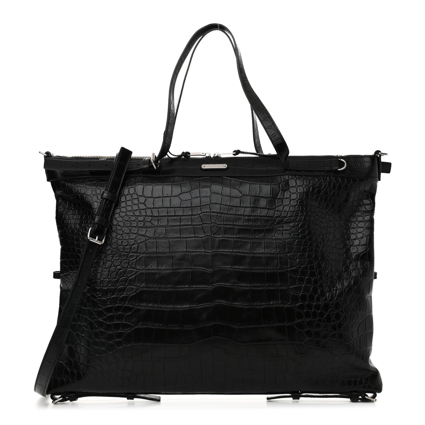Calfskin Crocodile Embossed Large Convertible ID Bag Black