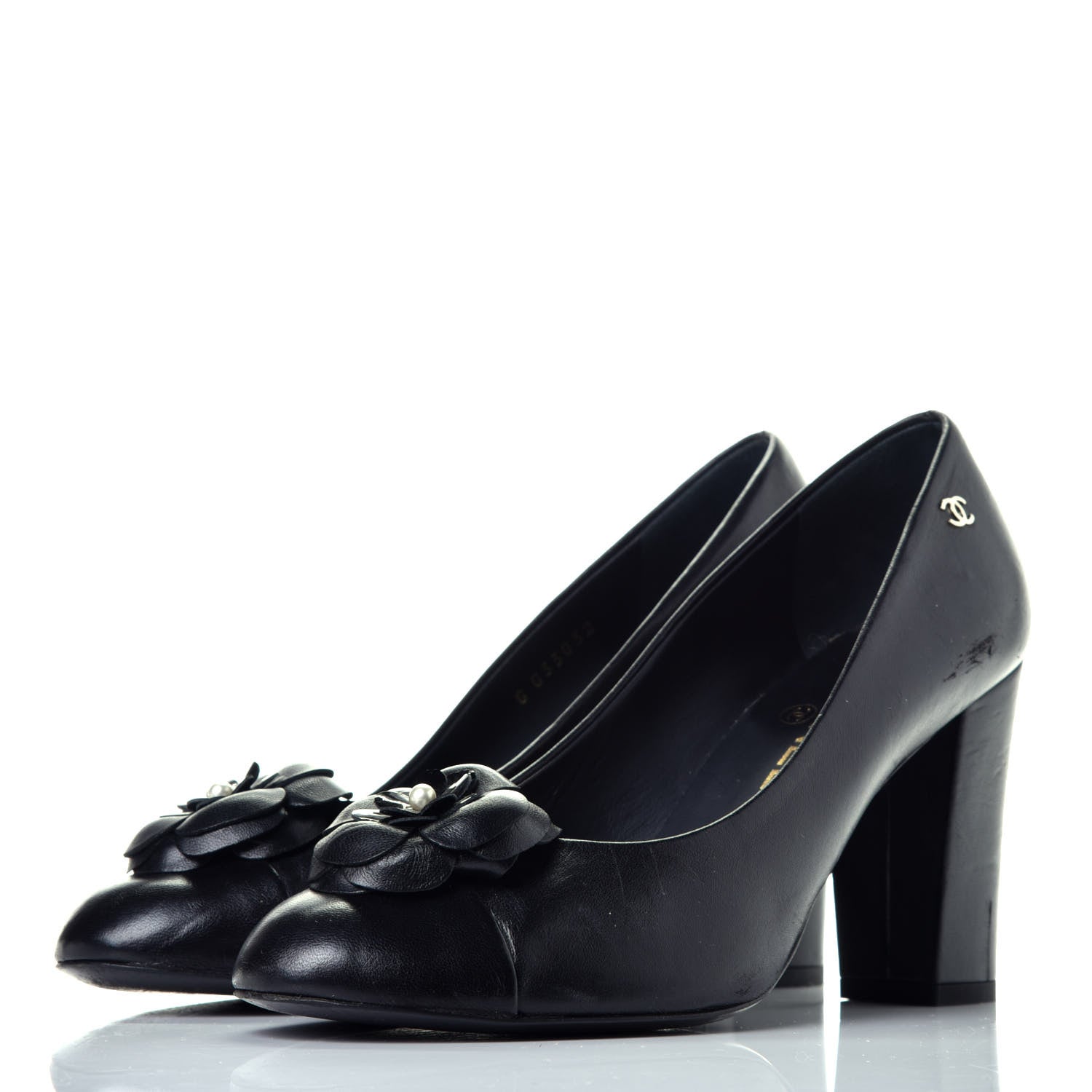 Chanel Lambskin Pearl Camellia Cap Toe Pumps 39 Black 3 of 11