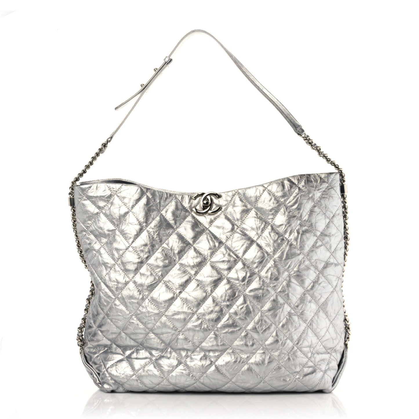 Metallic Crackled Calfskin Quilted Hobo Silver