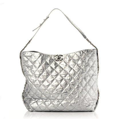 Chanel Metallic Crackled Calfskin Quilted Hobo Silver 1 of 9