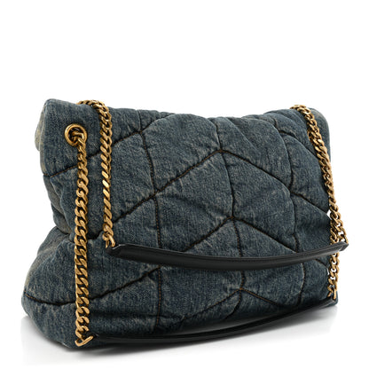 Saint Laurent Denim Quilted Medium Loulou Puffer Monogram Chain Satchel Blue Black 3 of 14