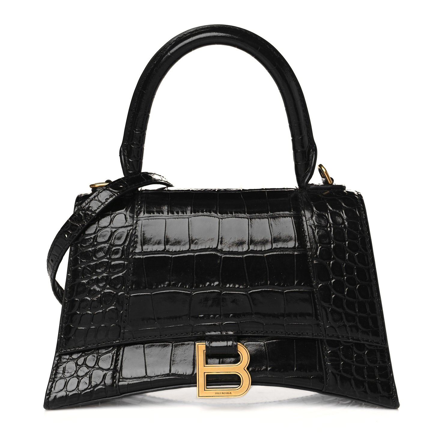 Shiny Calfskin Crocodile Embossed Small Hourglass Top Handle Bag Black