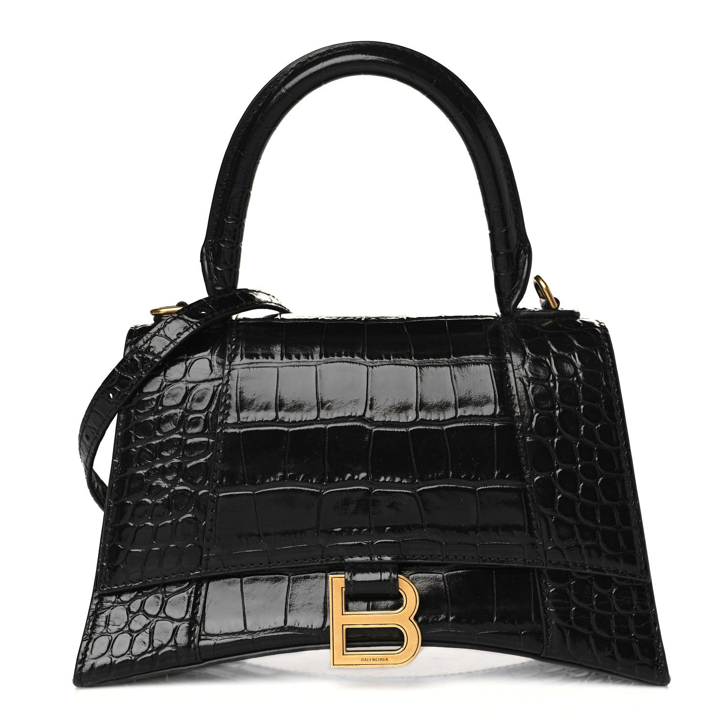 Balenciaga Shiny Calfskin Crocodile Embossed Small Hourglass Top Handle Bag Black 1 of 10