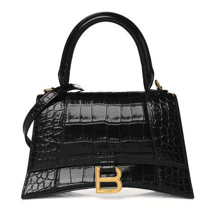 Balenciaga Shiny Calfskin Crocodile Embossed Small Hourglass Top Handle Bag Black 1 of 10
