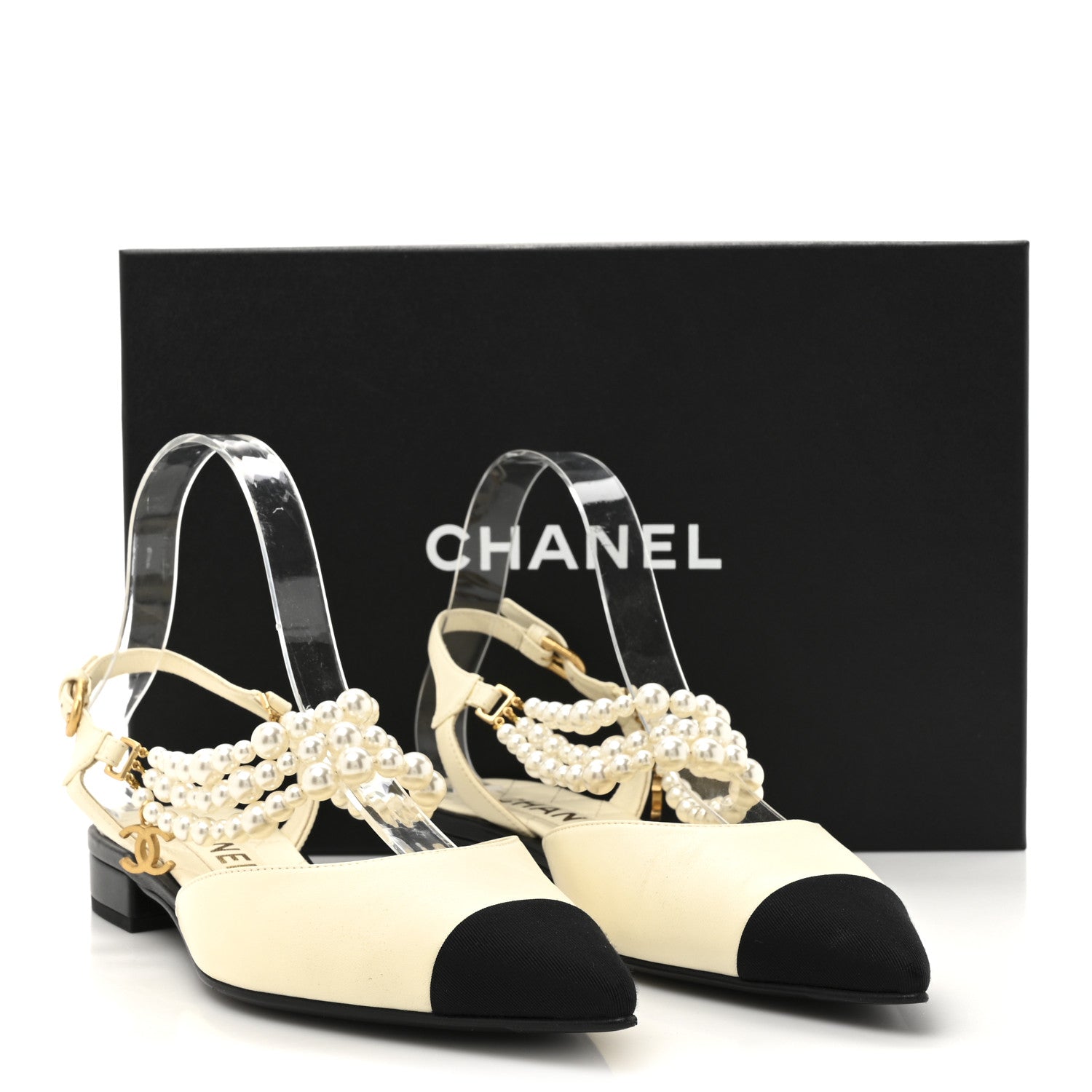 Chanel Lambskin Grosgrain Cap Toe Pearl Slingback 37 Ivory Black