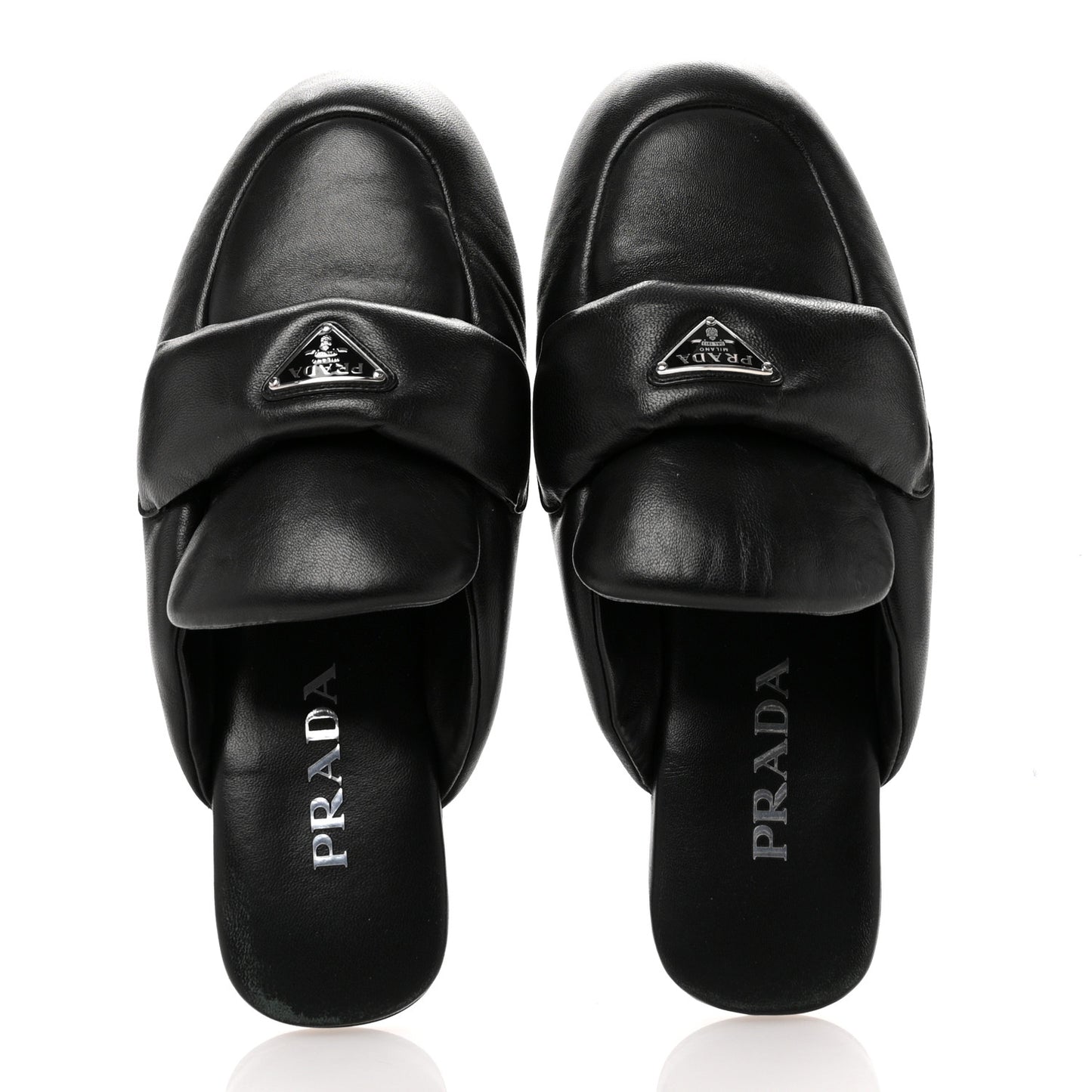 Nappa Soft Padded Metal Triangle Logo Lug Sole 20mm Mules 38.5 Black