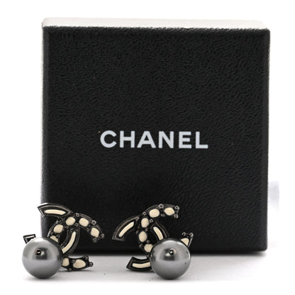 Chanel Enamel Bead CC Drop Clip On Earrings Ruthenium White 6 of 6