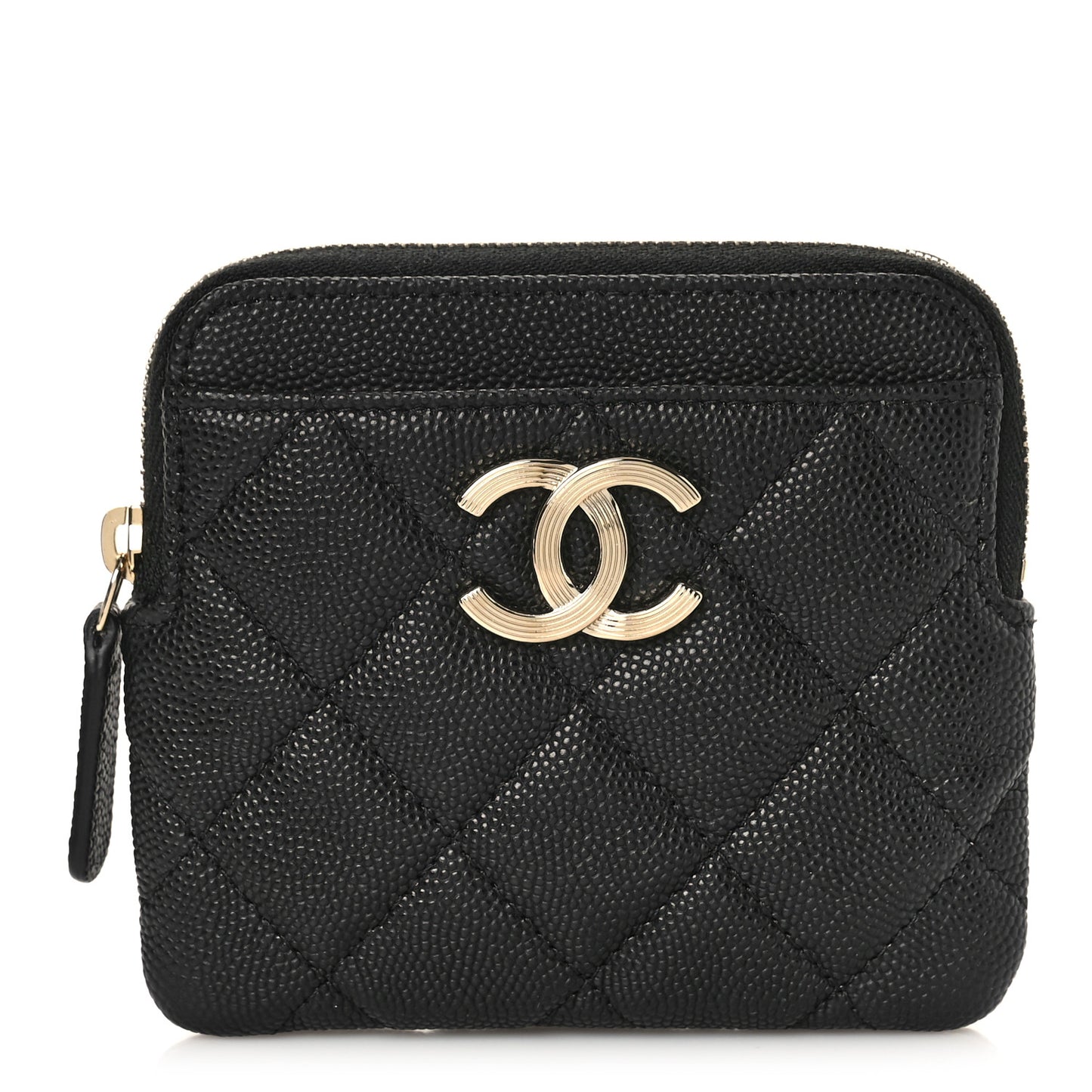 Caviar Metal Quilted Striated Zip Card Holder Wallet Black