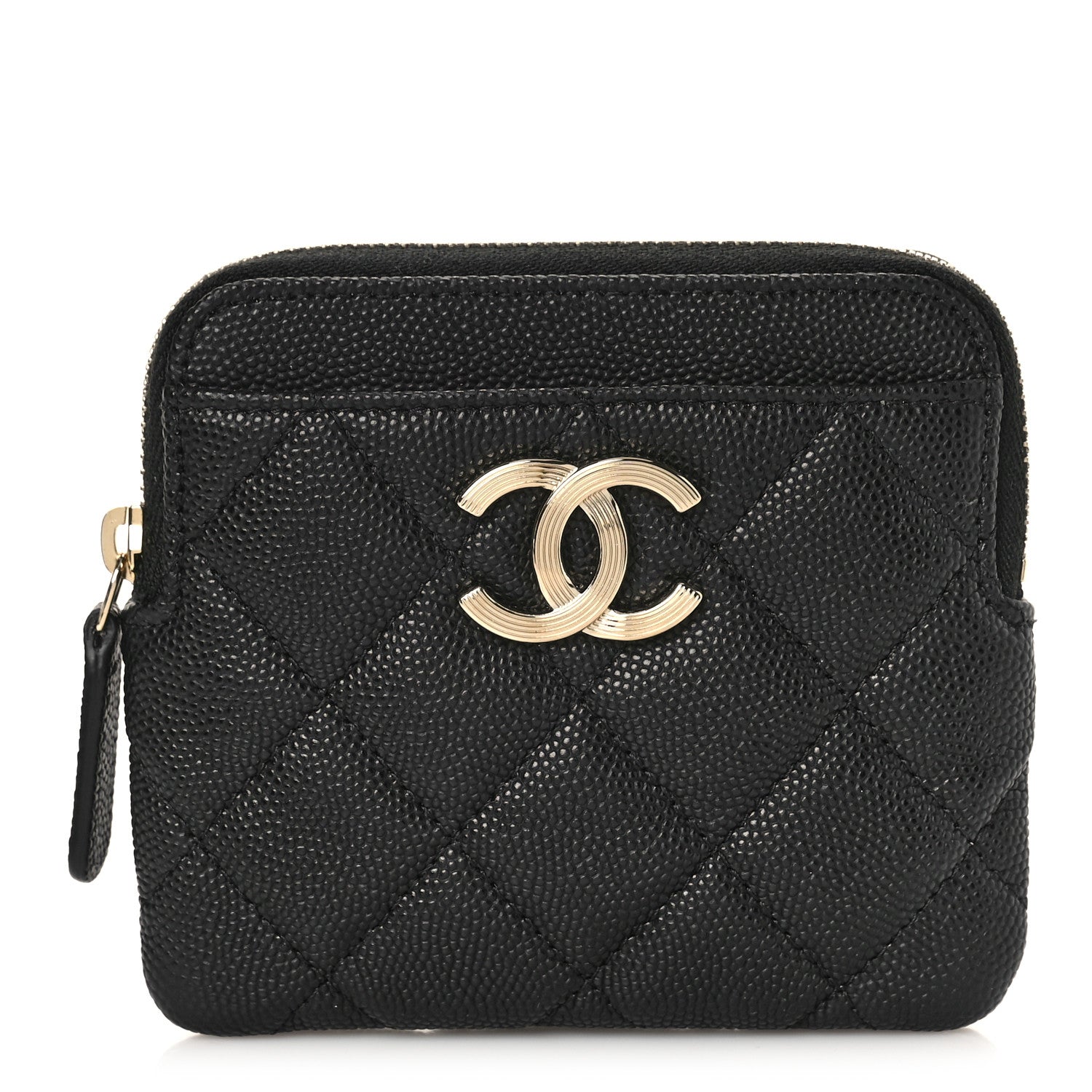 Chanel Caviar Metal Quilted Striated Zip Card Holder Wallet Black 1 of 10