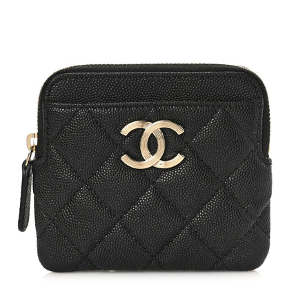 Chanel Caviar Metal Quilted Striated Zip Card Holder Wallet Black 1 of 10