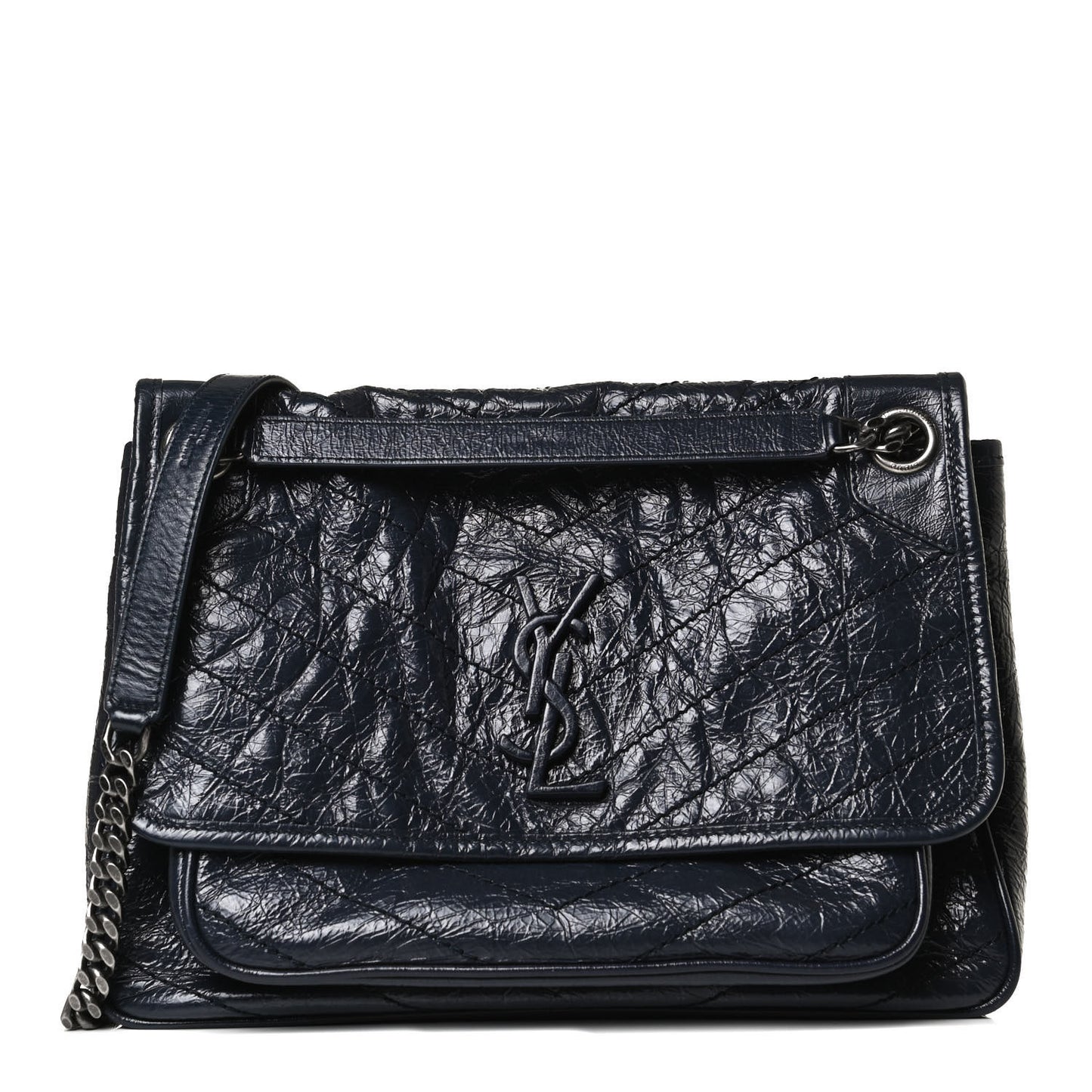 Crinkled Calfskin Matelasse Monogram Medium Niki Chain Satchel Dark Blue