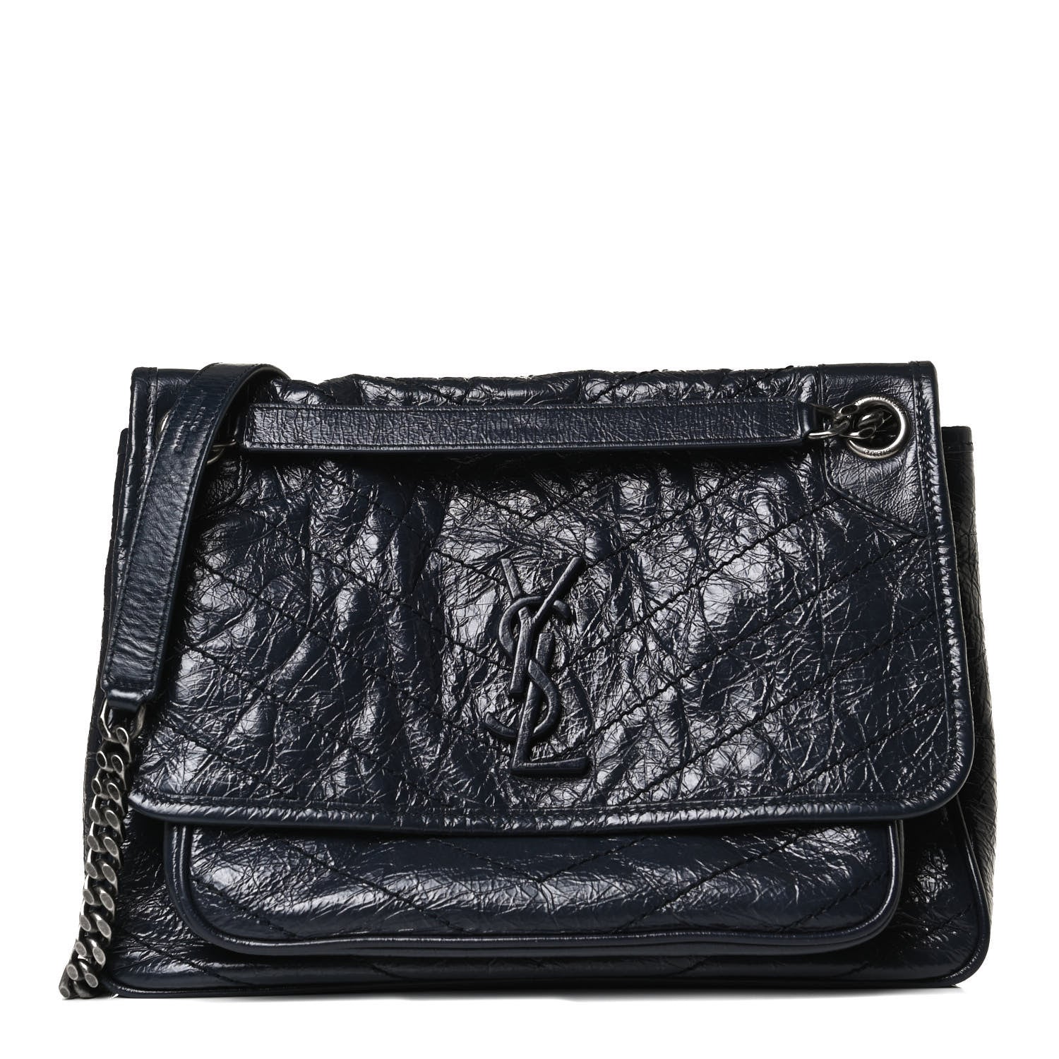 Saint Laurent Crinkled Calfskin Matelasse Monogram Medium Niki Chain Satchel Dark Blue 1 of 15