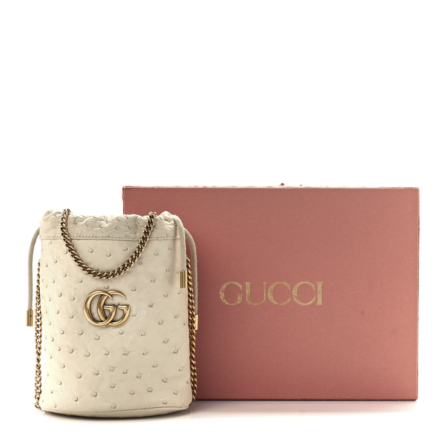Ostrich Mini GG Marmont 2.0 Bucket Bag White