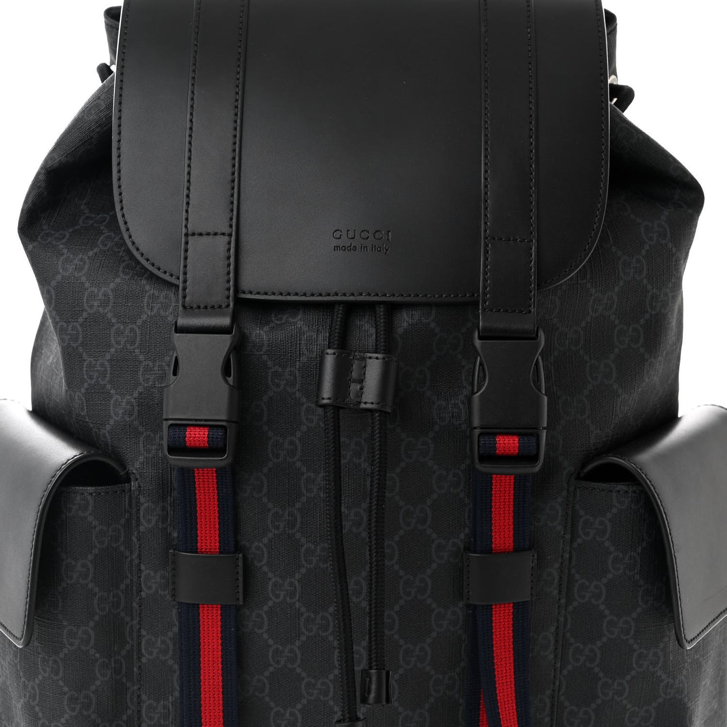 Soft GG Supreme Monogram Calfskin Web Double Buckle Backpack Black