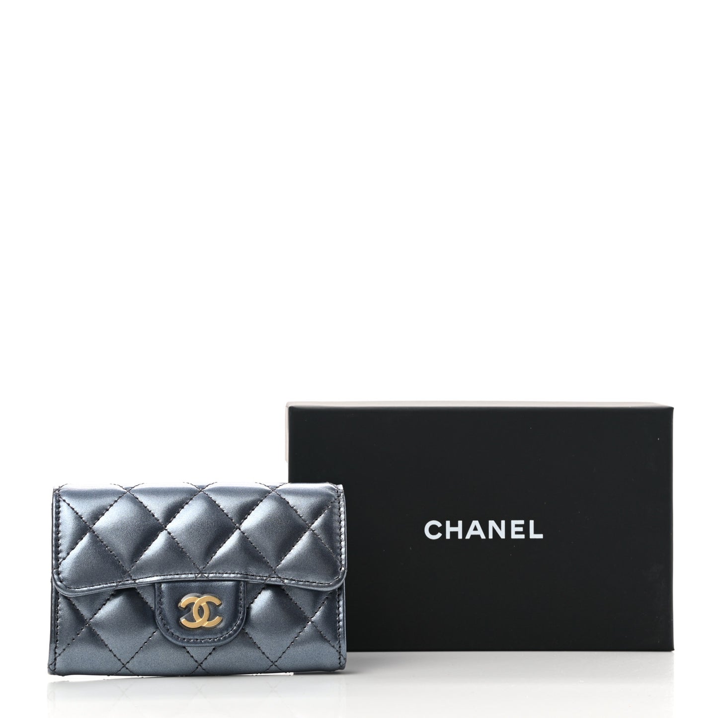Metallic Lambskin Quilted Flap Card Holder Blue