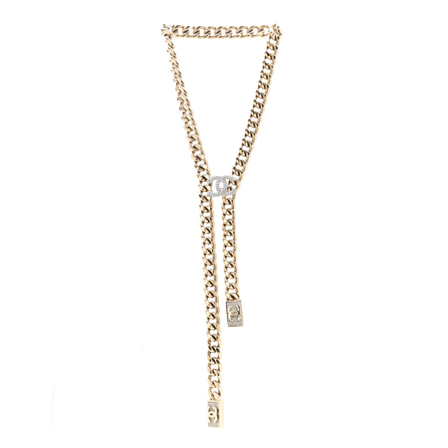 Chain Link Crystal CC Dog Tag Charm Necklace Gold