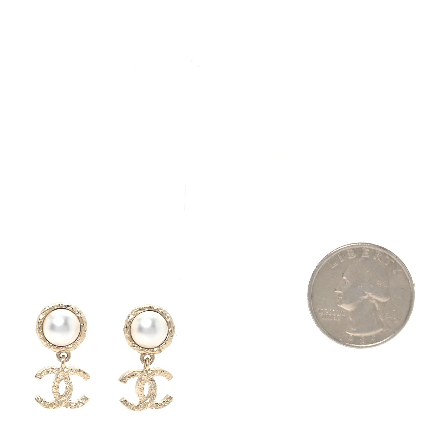Chanel Pearl Hammered CC Drop Earrings Gold Pearly White 2 of 5