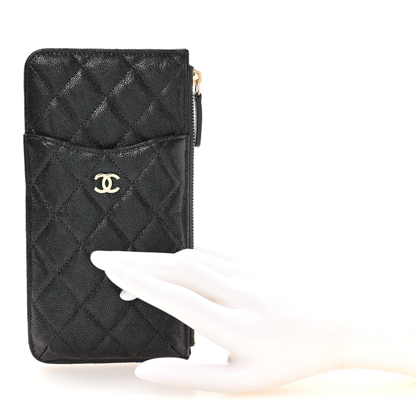 Iridescent  Caviar Quilted Classic Flat Wallet Pouch Black