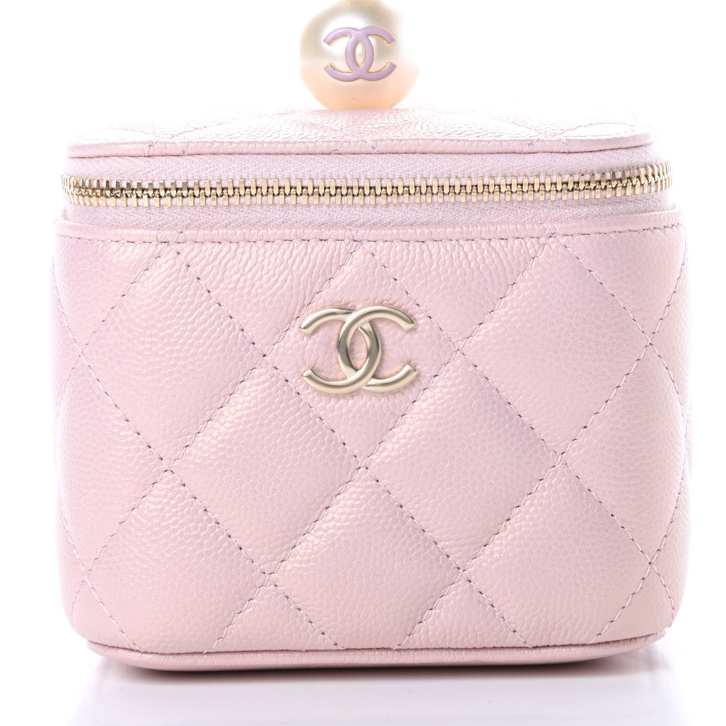 Iridescent Caviar Quilted Mini Pearl On Top Vanity Case With Chain Light Pink