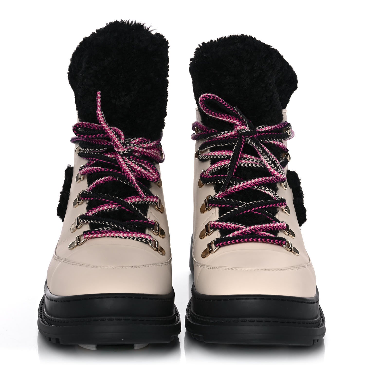 Chanel Calfskin Shearling CC Lace Up Boots 40.5 Light Beige Black 2 of 11