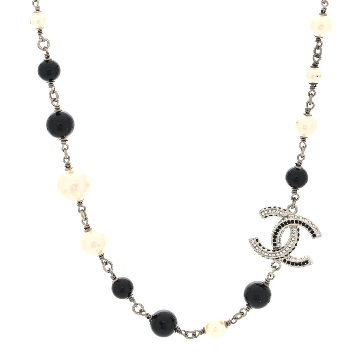Metal Pearl Bead Crystal CC Necklace Silver Black