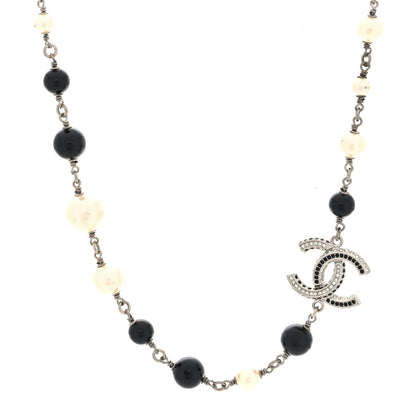 Chanel Metal Pearl Bead Crystal CC Necklace Silver Black 1 of 5