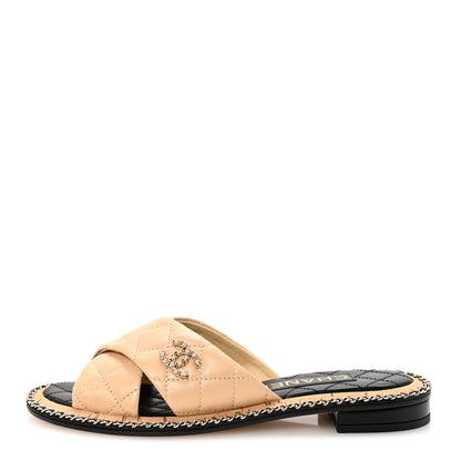 Chanel Shiny Lambskin Quilted Metal Chain CC Sandals 36.5 Beige 1 of 10