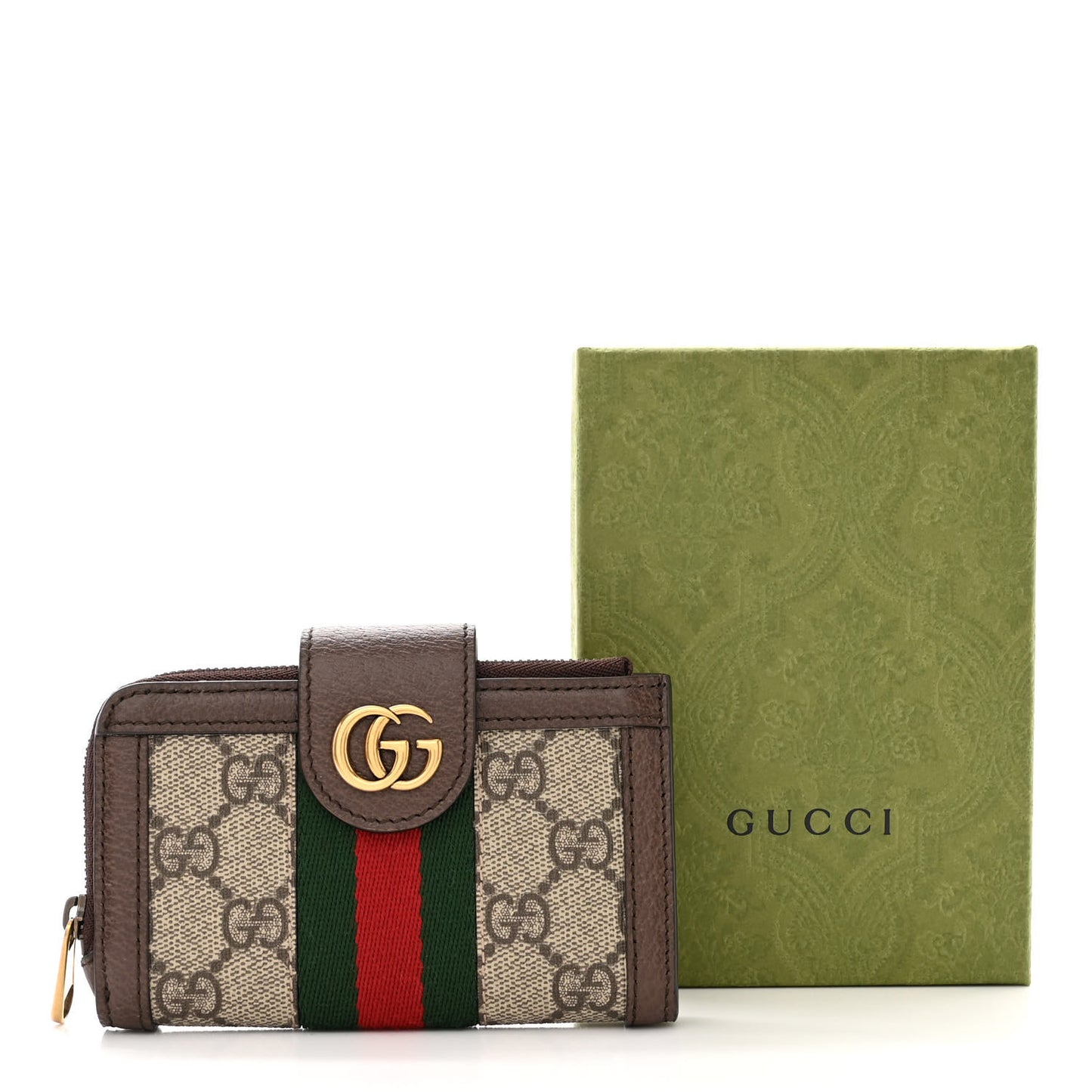 GG Supreme Monogram Textured Dollar Calfskin Web Ophidia Overlay Zip Around Card Case Wallet Beige Ebony New Acero