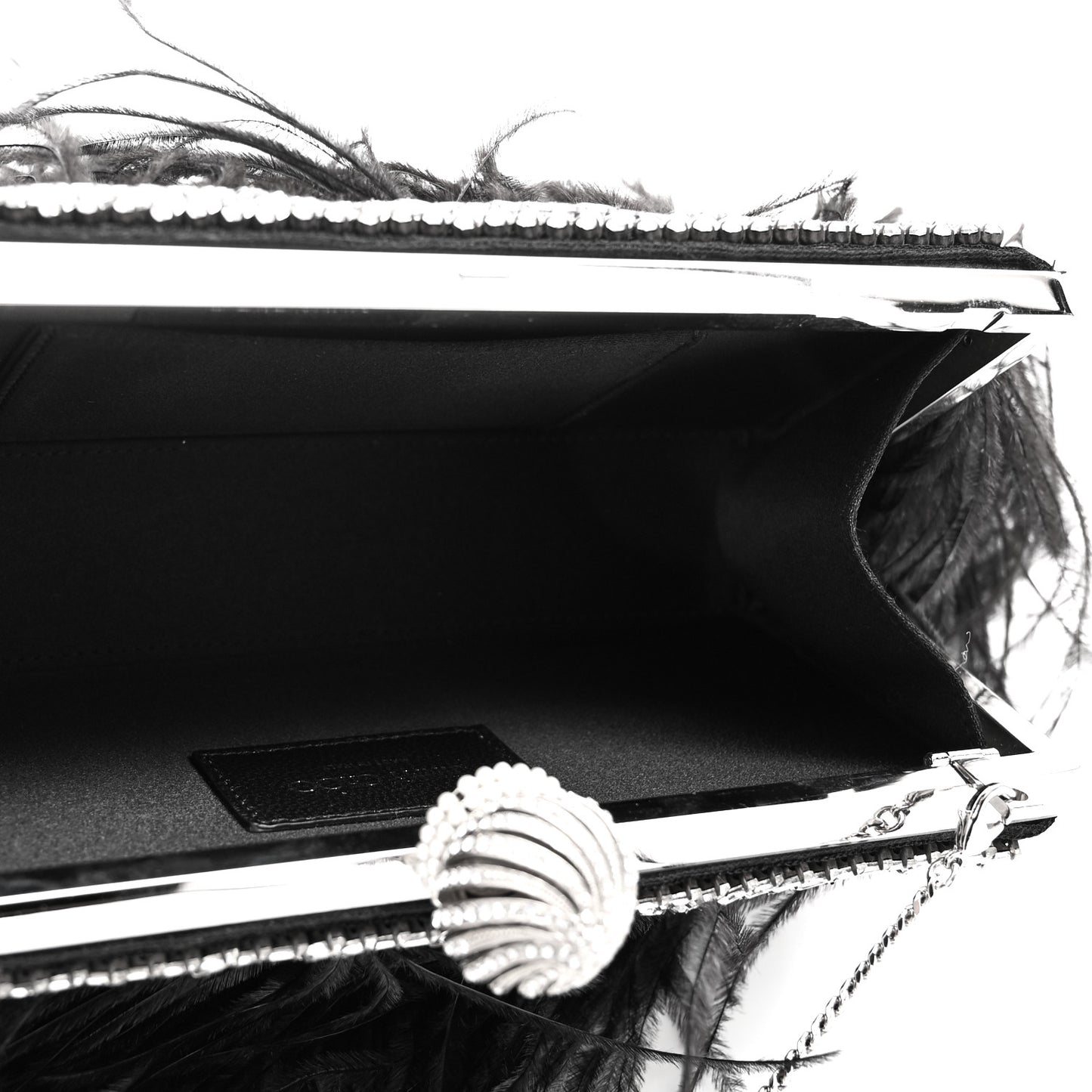 Satin Feather Crystal Embellished Celeste Clutch Black