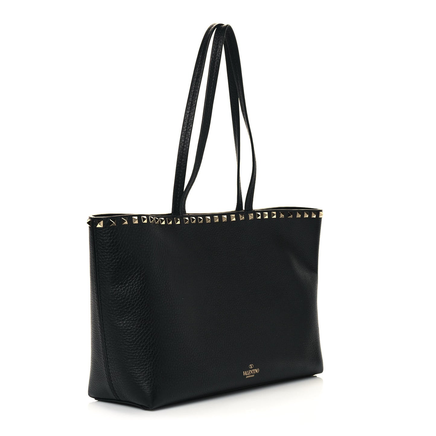 Grained Calfskin Small Rockstud Shoulder Tote Black