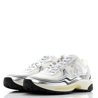 Chanel Fabric Laminated Calfskin Stretch CC Sneakers 40 White Gold Silver 4 of 10