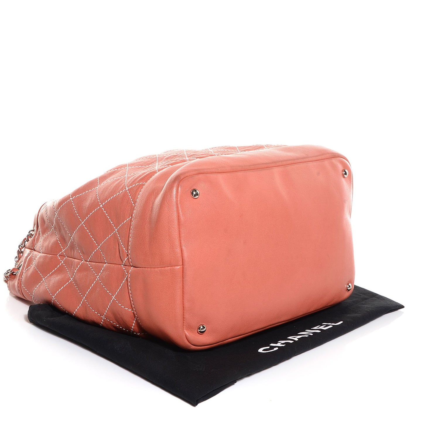 Lambskin Contrast Stitch Large Drawstring Tote Coral