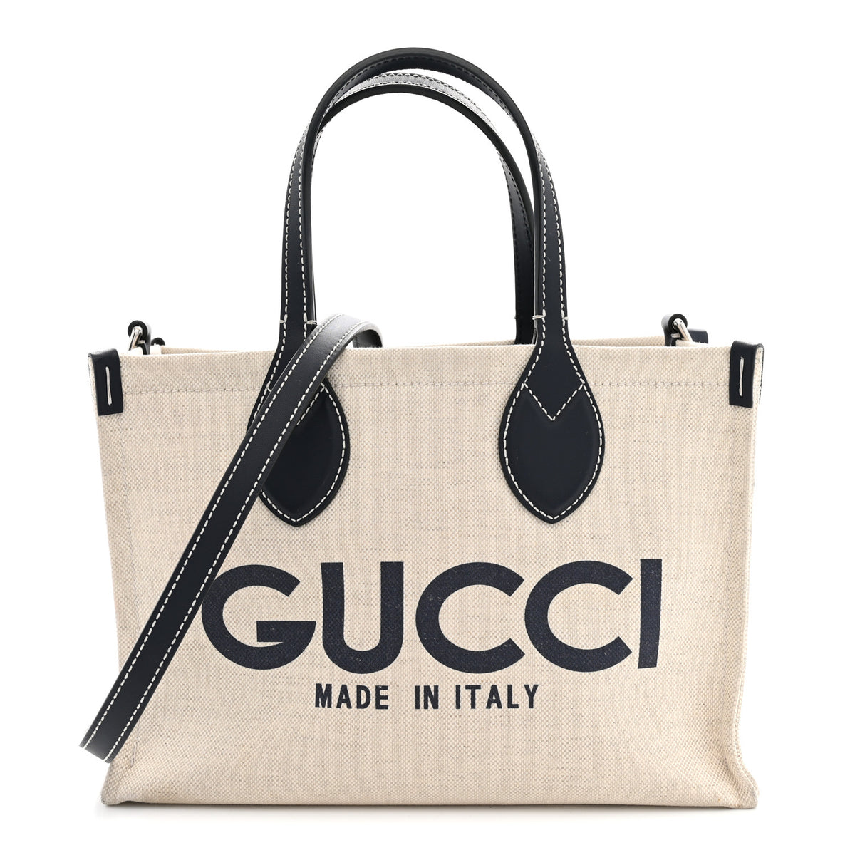 Gucci Canvas Calfskin Logo Print Medium Tote Bag Navy 1 of 12