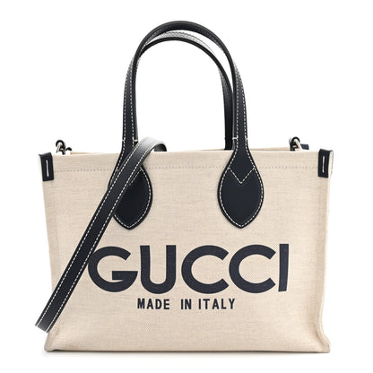 Gucci Canvas Calfskin Logo Print Medium Tote Bag Navy 1 of 12