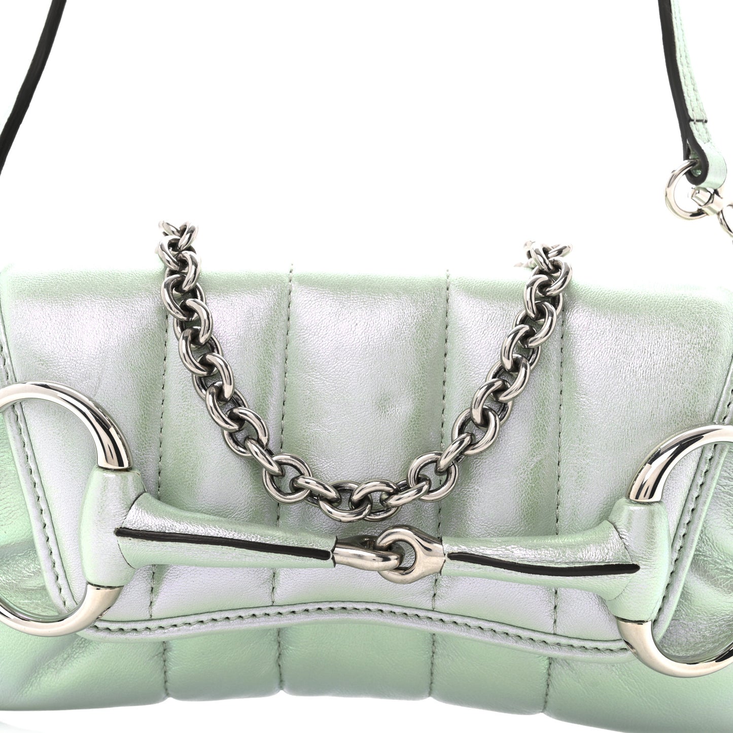 Iridescent Nappa Vertical Matelasse Small Maxi Horsebit Chain Shoulder Bag Iridescent Salvy Green