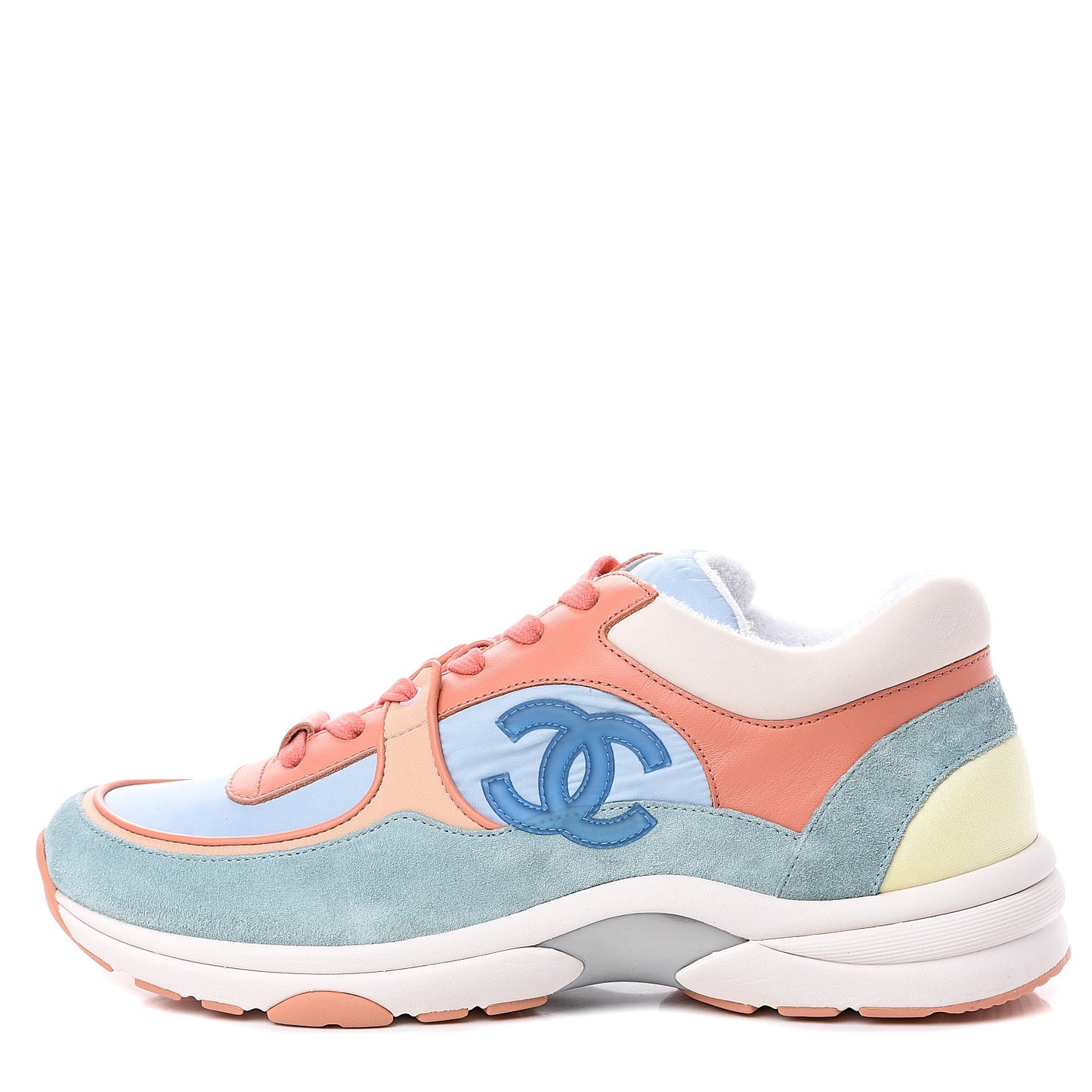 Nylon Lambskin Suede Calfskin CC Sneakers 40.5 Coral Light Blue White