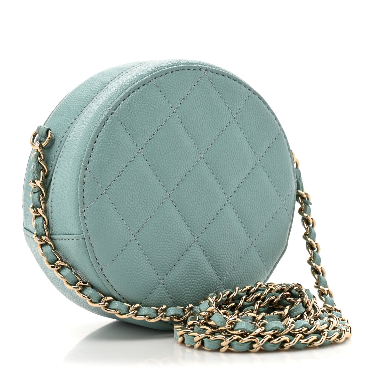 Caviar Quilted Round Clutch With Chain Light Blue