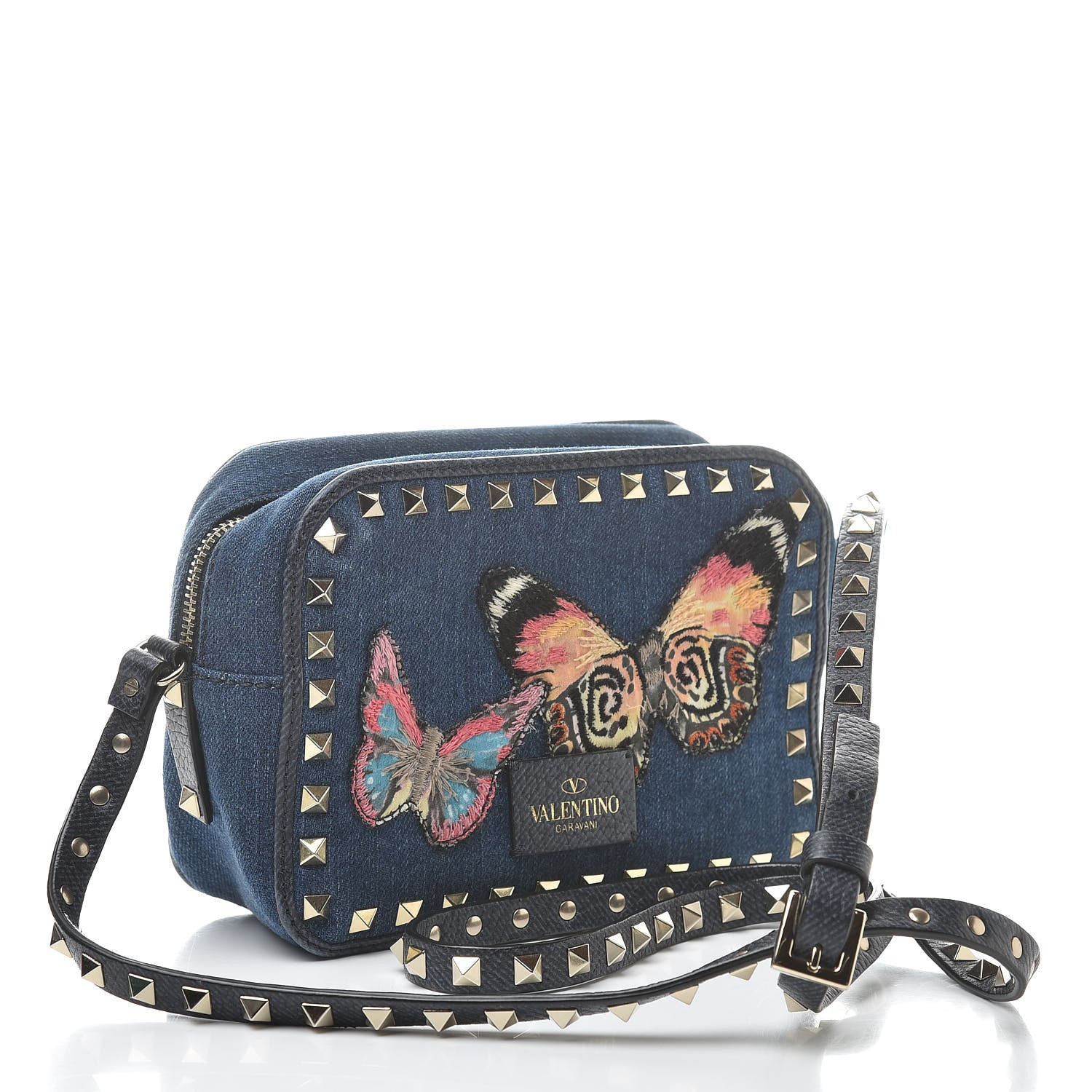 Valentino Garavani Denim Butterfly Embroidered Rockstud Camera Crossbody Bag Light Denim Multicolor 3 of 13