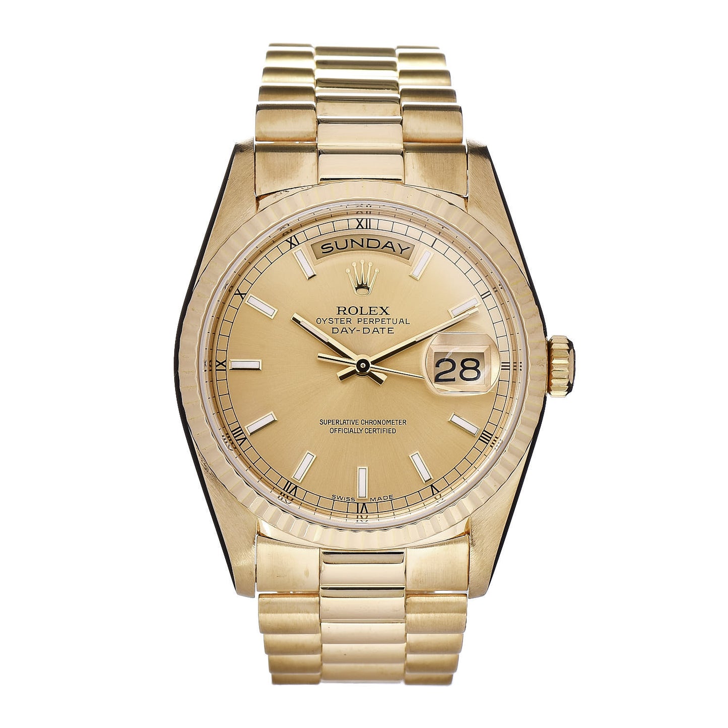 18K Yellow Gold 36mm Oyster Perpetual Day-Date President Watch Champagne 18238