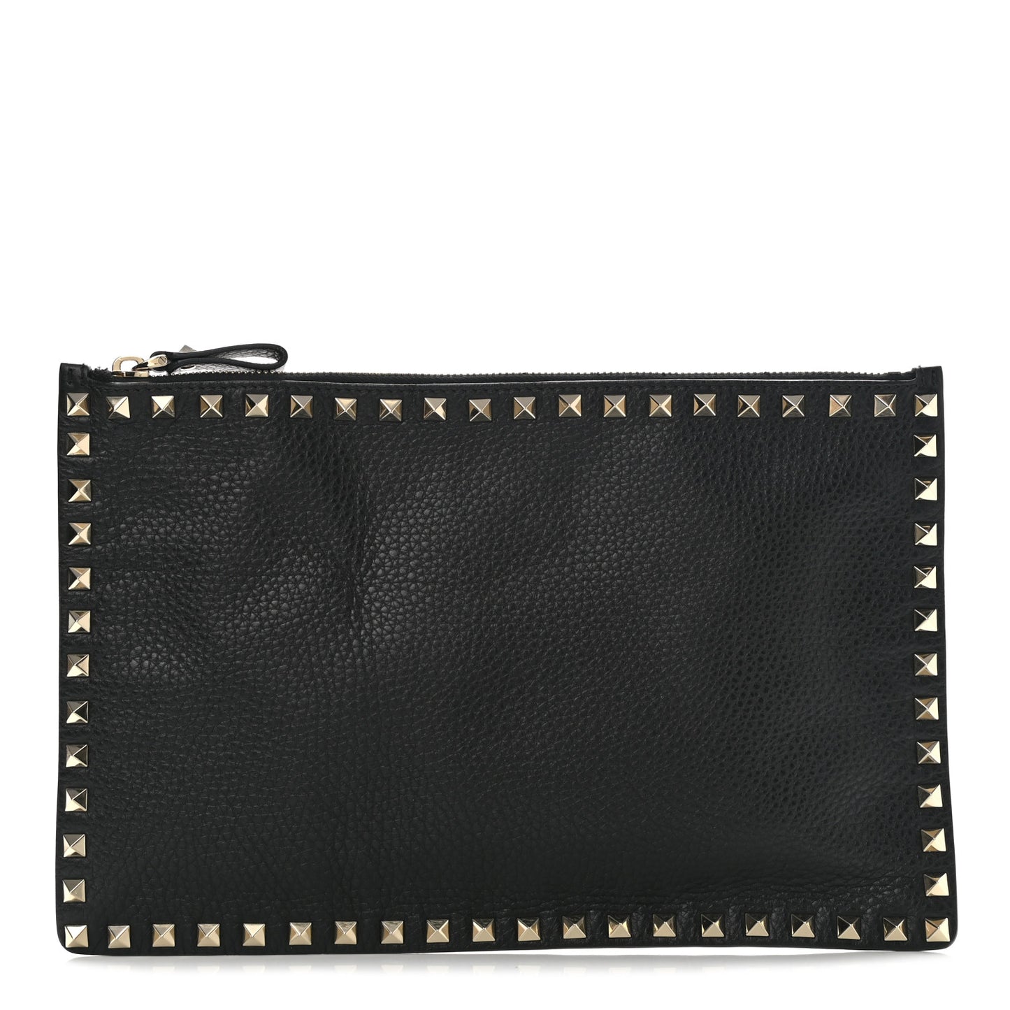 Pebbled Calfskin Large Rockstud Zip Pouch Black